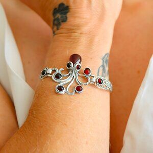 Baltic Cherry Amber Octopus Bracelet Sterling Silver Adjustable